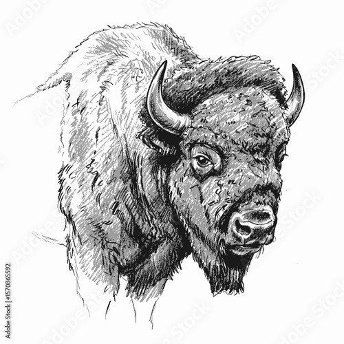 Bison. Large shaggy American bison in short grass, suitable for wildlife posters, nature magazines, and educational materials about American wildlife.