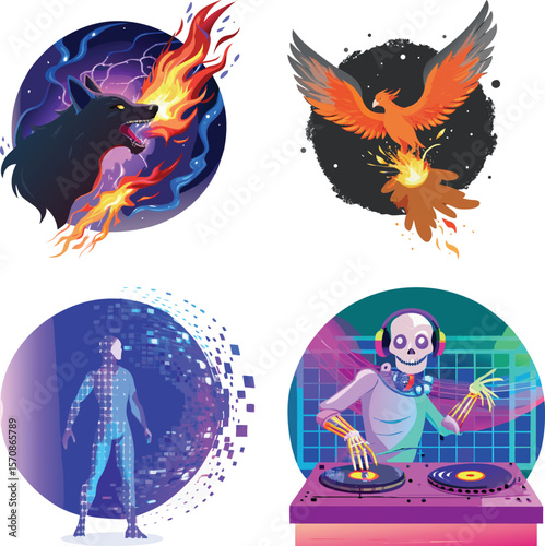 Vector art of an energetic vector illustration showcasing a fiery wolf, a majestic phoenix, a pixelated human form, and a skeleton dj