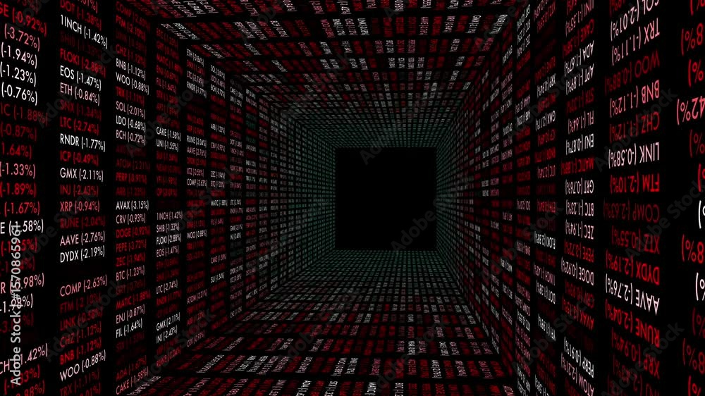 Aggressive red digital tickers cascade through a tunnel showing crypto market panic.