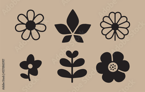 Collection of six stylized black flower and leaf silhouettes on a neutral beige background