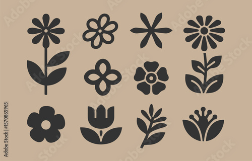 Collection of twelve stylized black floral icons and simple botanical illustrations on a beige background