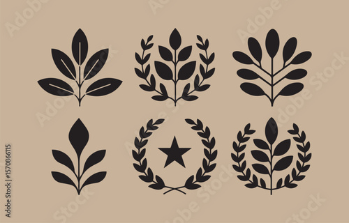 Collection of six stylized black botanical leaf and laurel wreath icons on a beige background