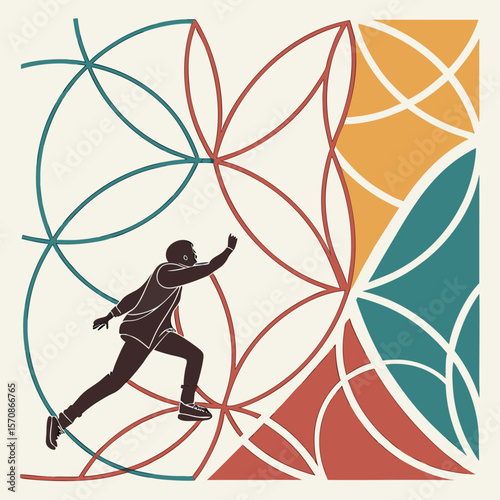 Black vector silhouette illustrations of a running woman, a basketball player, and a tennis player, alongside a basketball