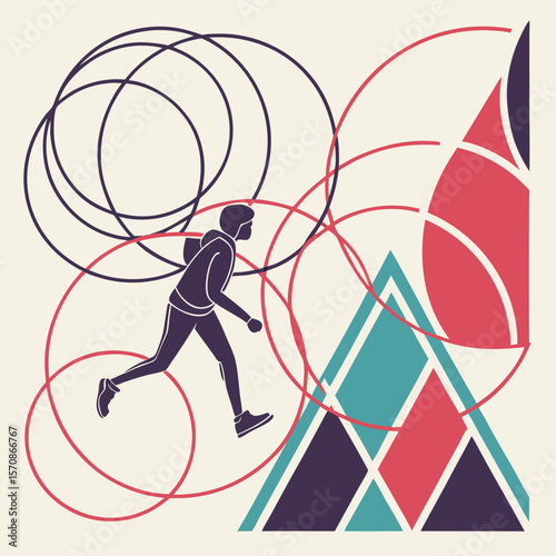 A woman's silhouette embodies active fun and fitness, running with a partner in a dynamic vector illustration that captures the essence of sport and success