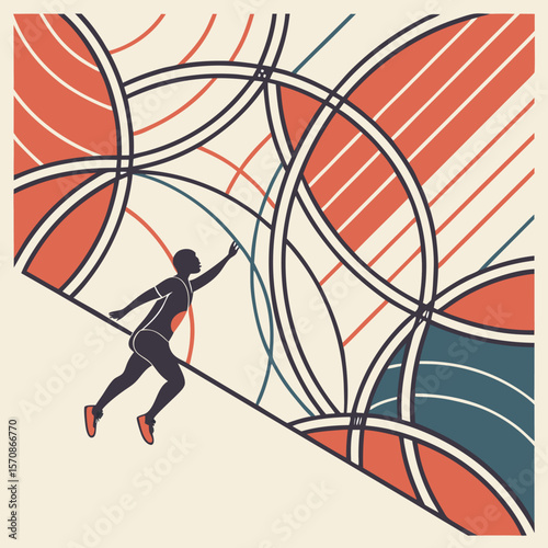 Abstract vector illustration of people playing basketball, featuring a jumping man and a girl with a ball, perfect for sports and art designs