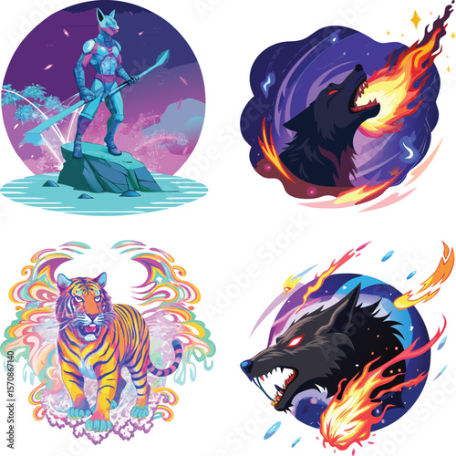 Vector art of a series of vector illustrations showcases a futuristic warrior, a firebreathing wolf, a rainbow tiger, and another firebreathing wolf in space
