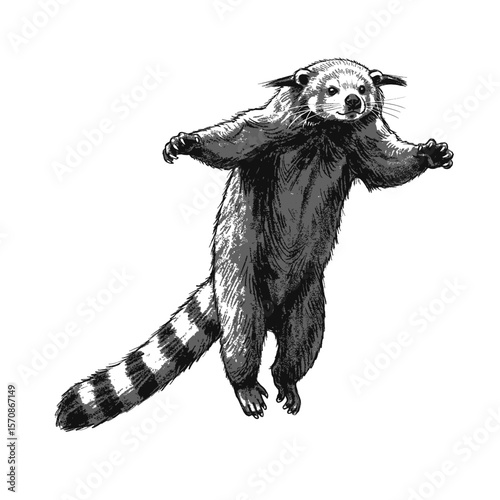 Binturong – Arctictis binturong. Penandink drawing of a binturong on a branch themed for wildlife conservation or educational materials needing an artistic touch.