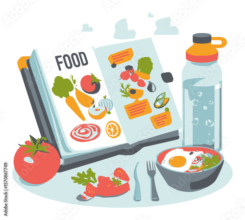 Colorful Cartoon Food Guide with Healthy Ingredients and Water Bottle
