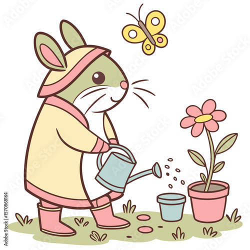 SVG art: A Mischievous Pika in a Spring garden vibe with wearing rain boots, tinted with Spring Garden tones