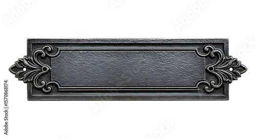 Ornate metal plaque with elegant scrollwork accents against a transparent backdrop provides a sophisticated design element.