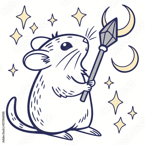 Cute SVG of a Bashful Pika in Magical Night colors, featuring holding a paintbrush in a Starry night setting