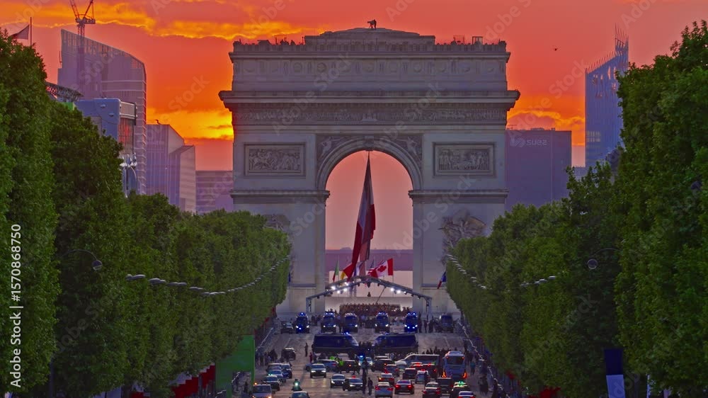 Arc de Triomphe against the backdrop of a beautiful sunset. French flag in the wind in the triumphal arch. Paris, France