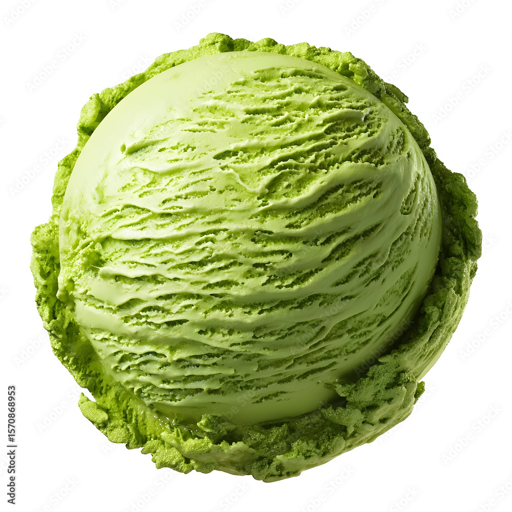 Obraz premium Smooth creamy and perfectly rounded scoop of vibrant green tea matcha ice cream with detailed ridges and a luxurious chilled appearance against a clean white backdrop