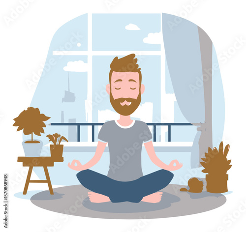 Calm Man Meditating in Cozy Room with Plants and Urban View