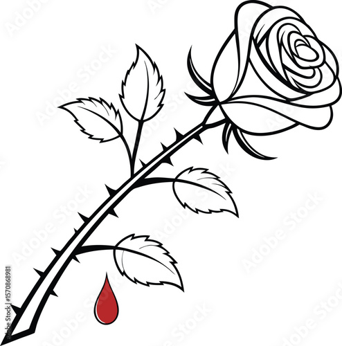 Stylized black and white rose with sharp thorns and a single red blood drop