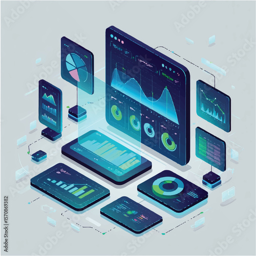 Isometric illustration showcasing data analytics and modern digital business dashboard with charts