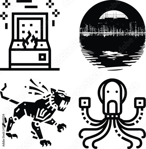 Vector art of four vector illustrations a burning arcade machine, a cityscape reflected in water, a robotic lion, and a robotic octopus, isolated on white background