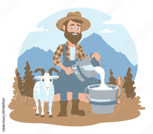 Cartoon Farmer Milking Goat in Scenic Mountain Landscape Vector Illustration