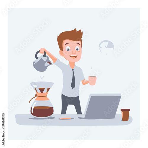 Cheerful Young Man Brewing Coffee in a Stylish Office Setting