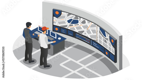 Two people in a control room monitoring screens displaying a map and other information panels