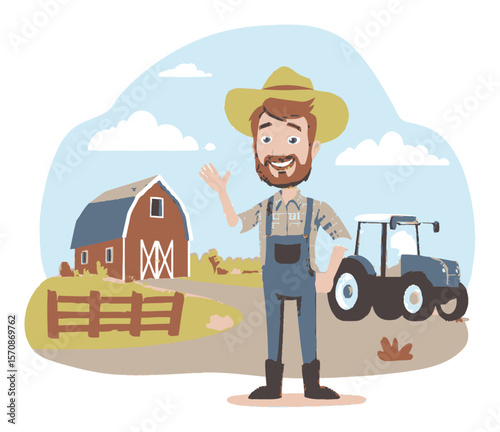 Friendly Farmer Cartoon with Tractor and Barn in a Scenic Landscape