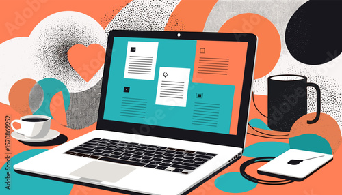 Modern Workspace with Laptop and Coffee Mug in Vibrant Abstract Background for Creative Inspiration