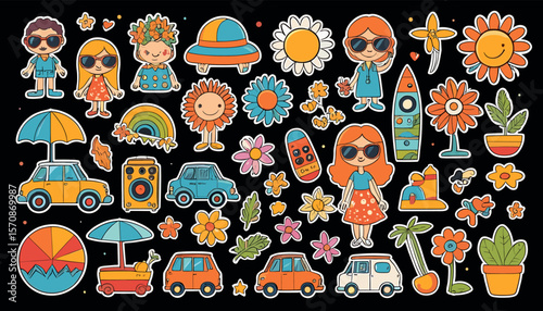 Colorful Retro Summer Stickers with Flowers, Cars, and Characters on Black Background