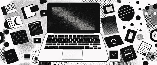 Black and White Abstract Illustration of Laptop Surrounded by Geometric Shapes and Patterns