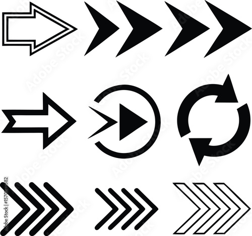 Collection of nine black and white arrow icons representing direction and movement