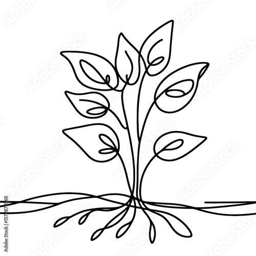 Plant icon. Continuous one line drawing of plant. Plant with leaves and roots in one line style, isolated on white background. Vector illustration.