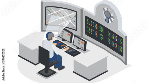 Illustration of a person in a control room monitoring screens and data displays at a console station