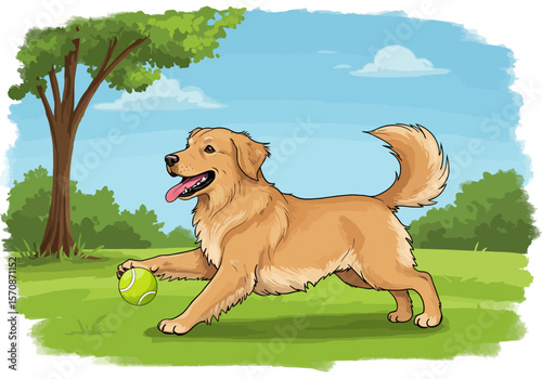 A Golden Retriever dogs playing fetch with a ball in a park.