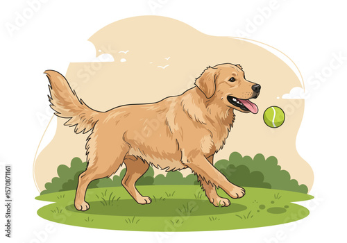 A Golden Retriever dogs playing fetch with a ball in a park.