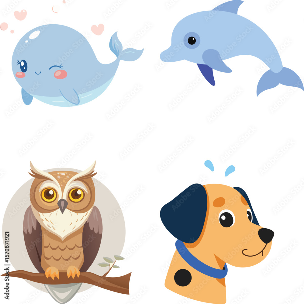 Fototapeta premium Vector art of a cute cartoon whale winks, a dolphin leaps, a brown owl perches on a branch, and a dalmatian dog looks to the side in this charming vector illustration