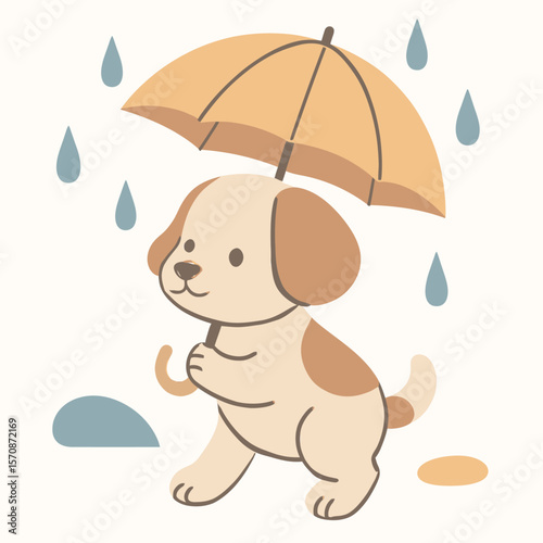 Cute Puppy Holding Umbrella In Rain