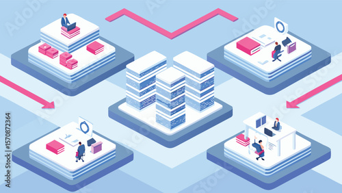 Isometric illustration of data analysis platform with charts and connected modules showing people