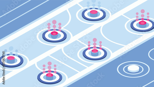 Isometric view of people interacting with platforms and cubes in a networked environment concept design