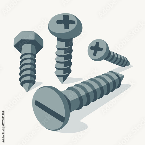Different Types Of Metal Screws Isolated On White
