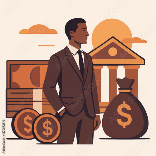 Confident Banker Standing With Money And Coins