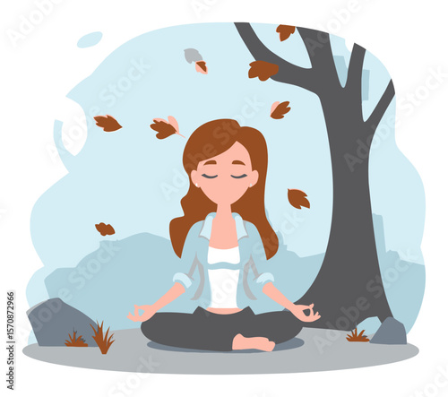 Peaceful Woman Meditating in Nature with Falling Leaves and Calm Atmosphere
