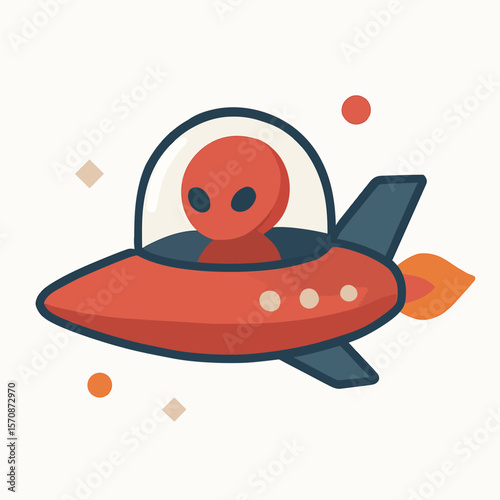 Cute Alien In Cartoon Spaceship