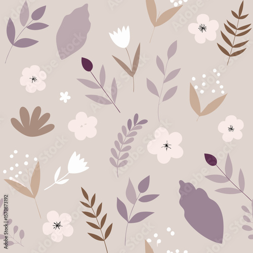 Abstract minimal floral pattern in soft muted colors with decorative flowers and leafy elements