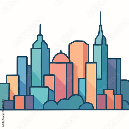 Colorful Modern City Skyline With Tall Skyscrapers