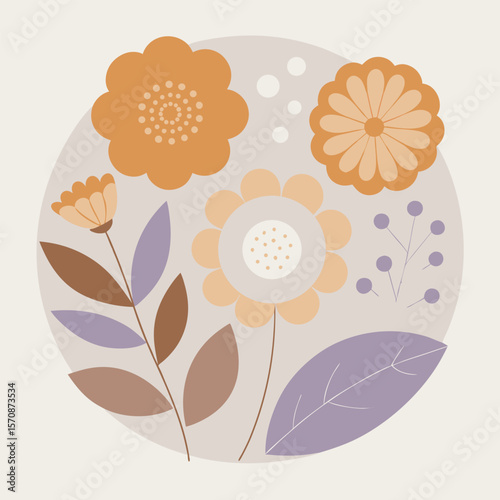 Elegant abstract floral arrangement in muted tones with geometric flowers and foliage composition in a circle