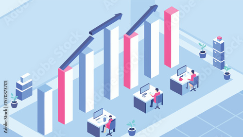 Isometric view of a radar screen with people standing around it in a light blue environment