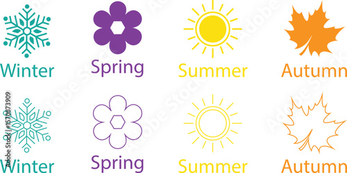 Four seasons icons set. Winter, spring, summer and autumn. Weather forecast signs. Snowflake, flower, leaf and sun vectors illustration colorful flat, line designs isolated on transparent background..