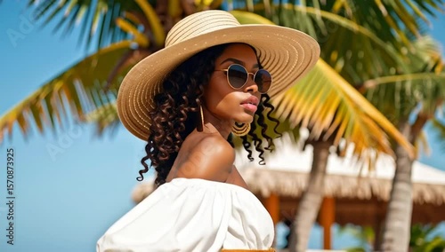 Wallpaper Mural A woman in a hat and sunglasses enjoys the sun in a tropical setting near a beach. The scene is a perfect blend of relaxation and style Torontodigital.ca