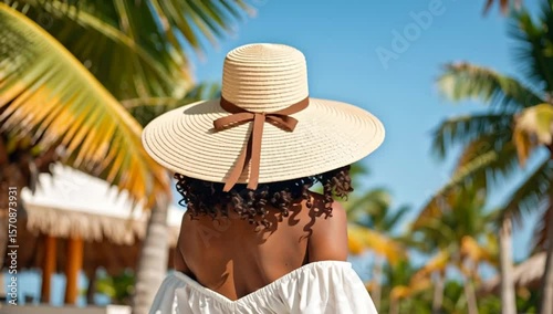 Wallpaper Mural A woman wearing a large sun hat and enjoying a sunny day by palm trees. The woman has her back to the camera and is enjoying a tropical getaway Torontodigital.ca
