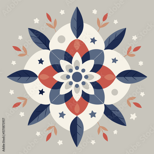 Elegant minimal floral pattern featuring a symmetrical arrangement of leaves stars and a central flower on a gray background
