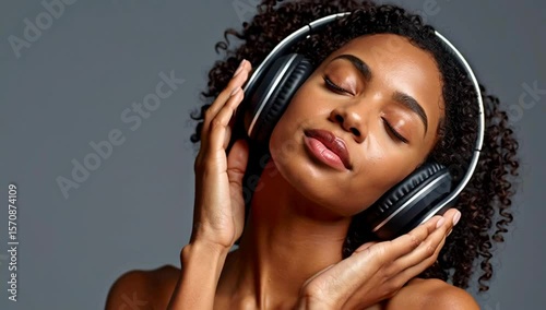 Wallpaper Mural A portrait of woman listening to music with a relaxed face and headphones on. A depiction of pure bliss and enjoyment of music. She appears to be in a state of deep contemplation Torontodigital.ca